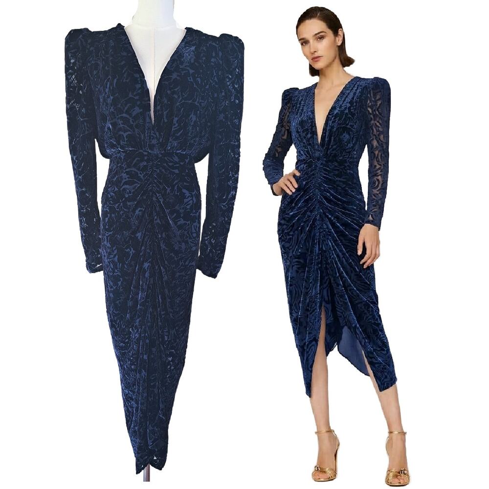 Torn by Ronny Kobo Astrid  Navy Velvet Burnout Ruched Deep V Midi Dress Medium
